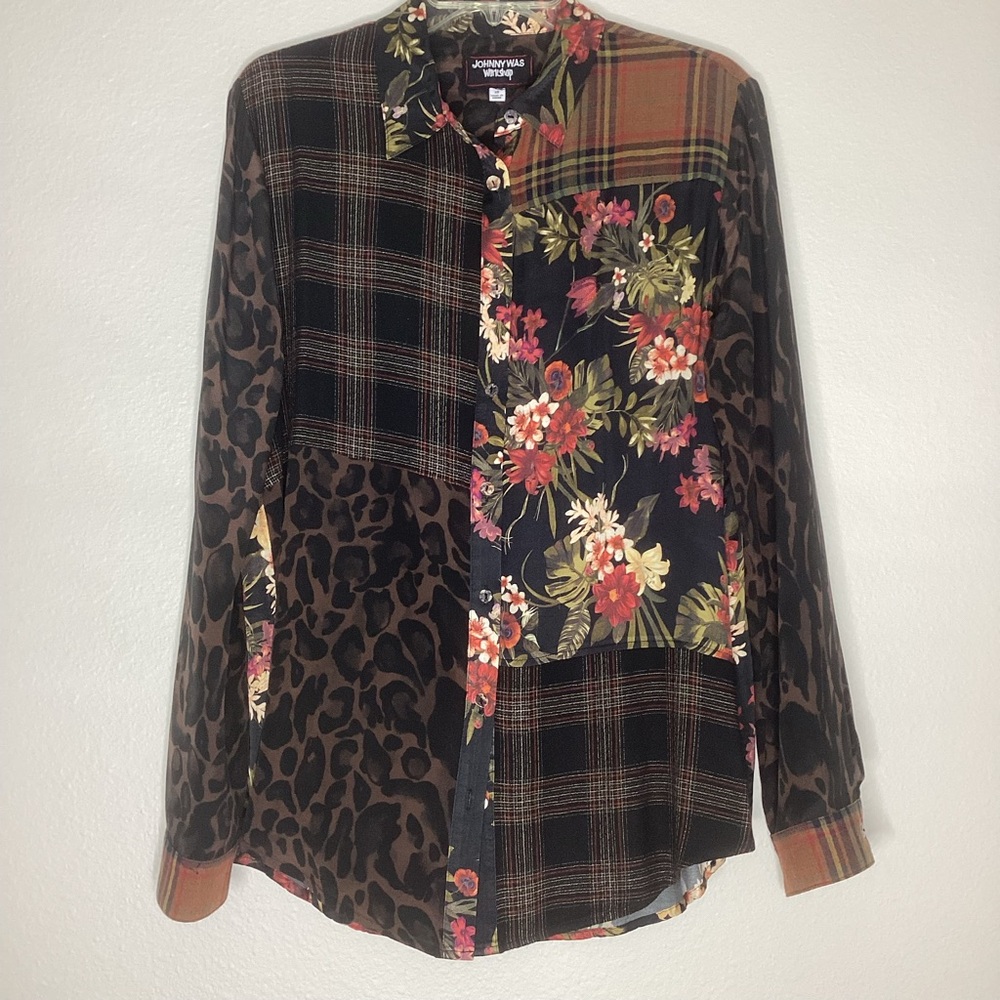 Johnny Was Mixed Media Oversized Shirt Dark Floral XS
